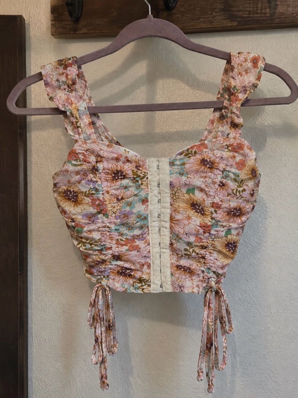 Meraki Floral Ruched Corset Style Pink Fall Crop Top Womens size XS - Small